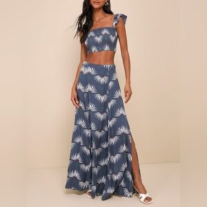 NWT Lulus Dusty Blue Floral Print Two-Piece Skirt and Top Maxi Length Size XL